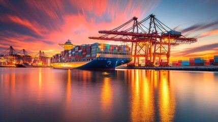Fototapeta premium A vibrant sunset scene featuring a cargo ship at a bustling port with cranes and colorful containers.