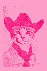 Vintage Cowboy cat art in pink red style hand drawing line art.Modern retro pink red poster coquette style for posters and placards, print for clothes