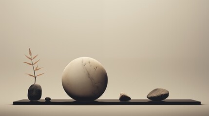 A minimalist arrangement featuring a large marble sphere, several smaller stones, and a delicate branch with leaves, all set on a sleek black surface against a soft beige background.