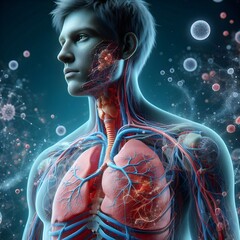 Naklejka premium Biomedical illustration showing human internal organs with heart, liver, lungs and vascular system, Digitally generated image of inner human organs, human body anatomy, vector medical organs system.