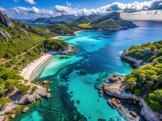 Breathtaking aerial perspective of Cala Agulla's pristine beach, surrounded by lush nature, with crystal-clear turquoise waters and rugged coastline in Mallorca's serene Mediterranean landscape.