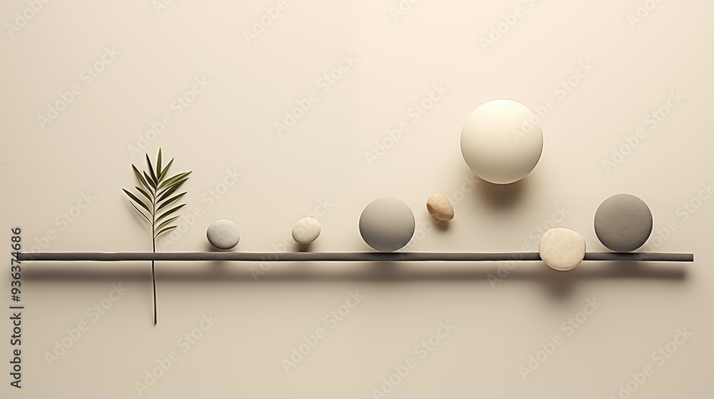 Poster a minimalist arrangement of stones and a palm leaf on a neutral background. the stones vary in size 