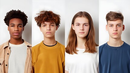 collection of four portraits of young people standing on white background