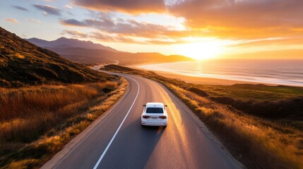 Fototapeta premium Car driving along a scenic coastal road at sunset during a summer road trip