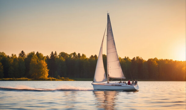 A sailboat glides across a lake at sunset, with a line of trees in the background