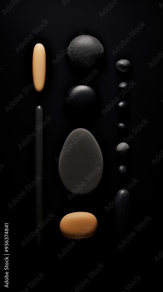 Poster a minimalist arrangement of various stones and pebbles in different shapes and sizes, set against a 