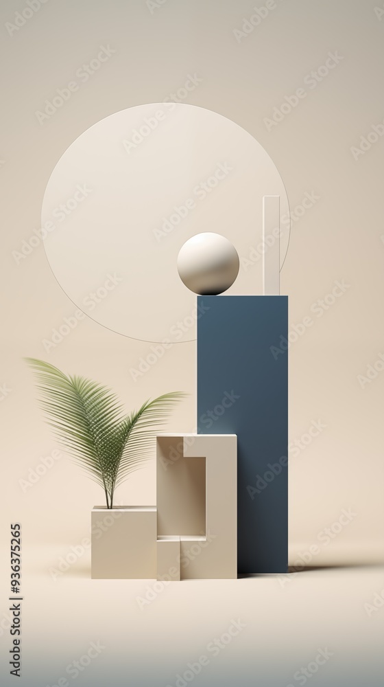 Poster a minimalist composition featuring geometric shapes in soft colors. a tall blue rectangular block st