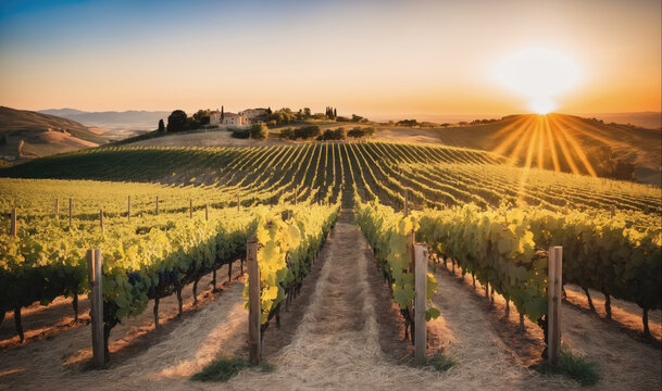 The sun sets over a vineyard in the countryside