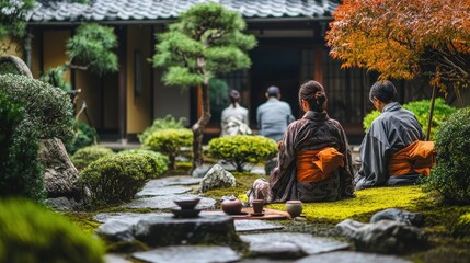 Visitors savor a tranquil tea ceremony in a Japanese garden, surrounded by vibrant autumn foliage and carefully arranged stones