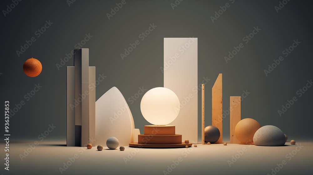 Poster a minimalist composition featuring various geometric shapes including spheres, cubes, and rectangles