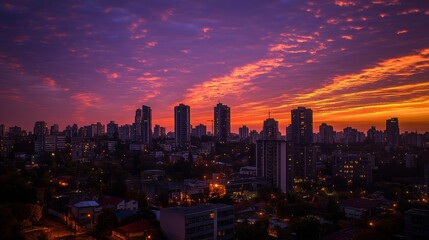 Fototapeta premium A vibrant sunset over a city skyline, showcasing tall buildings against a colorful sky.