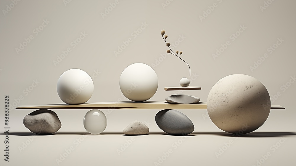 Poster a minimalist composition featuring various white spheres and smooth stones arranged on a wooden plan