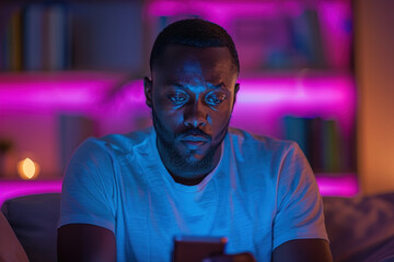 Man using smartphone in cozy room with vibrant lighting