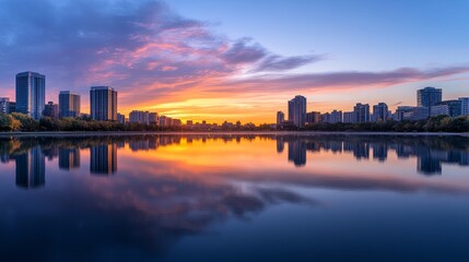A serene sunset over a city skyline reflected in a calm lake, showcasing nature's beauty and urban life.