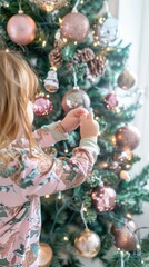 A little girl joyfully decorates a beautifully adorned Christmas tree with shiny ornaments, filling the room with holiday spirit and warmth
