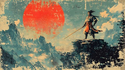 Samurai Warrior on Mountaintop with Red Sun