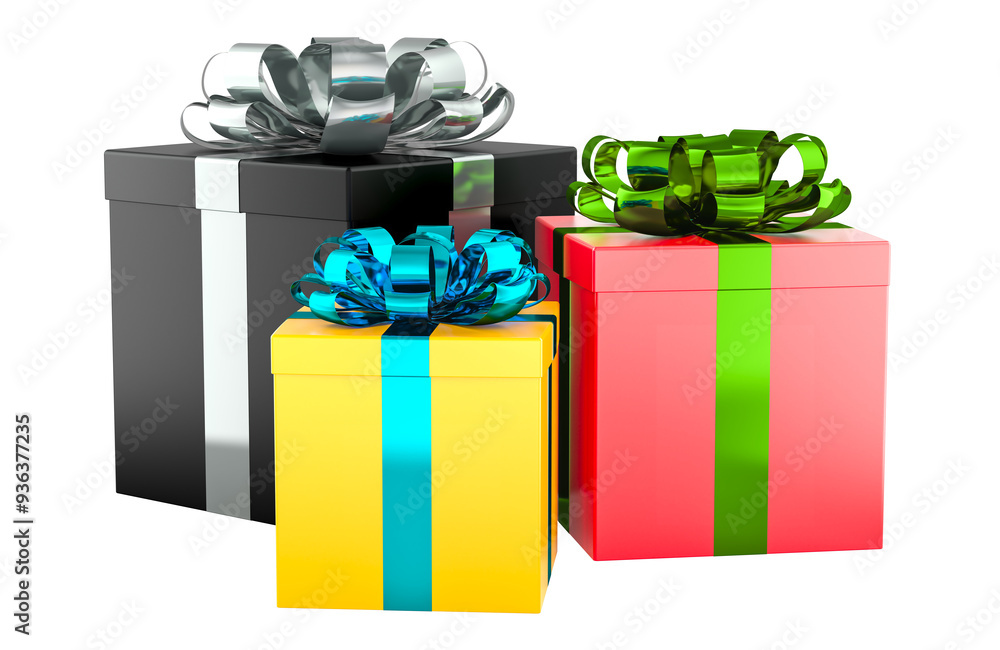 Poster colored gift boxes with bows and ribbons, 3d rendering isolated on transparent background