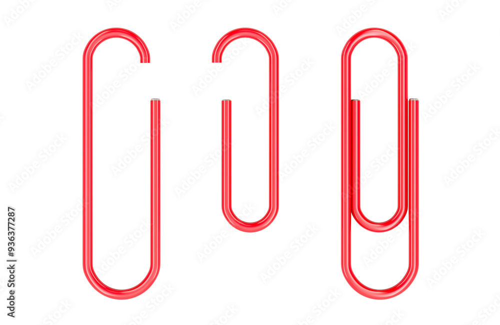 Poster red paper clips with pvc coated on the sheet, 3d rendering isolated on transparent background