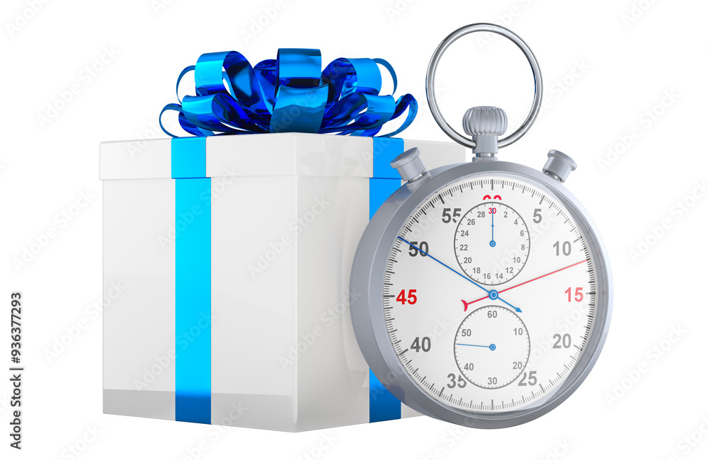 Poster gift box with stopwatch, 3d rendering isolated on transparent background
