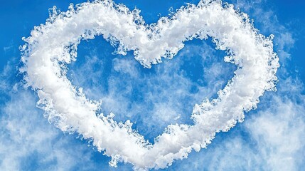   A blue sky dotted with a white heart-shaped cloud and a white heart-shaped cloud in the center of a blue sky
