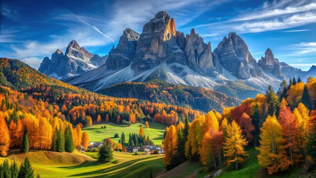 Bright autumn day in Cortina d'Ampezzo, Italy, with vibrant foliage colors surrounding the iconic 5 Torri peaks, their rugged chain silhouette set against a clear blue sky.