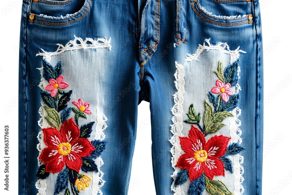 Wall mural a pair of jeans with a floral design printed on the fabric, suitable for fashion photography or life