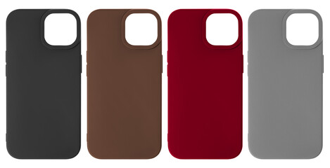 Set of phone cases of different colors on a blank background.