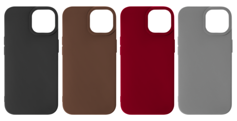 Set of phone cases of different colors on a blank background.