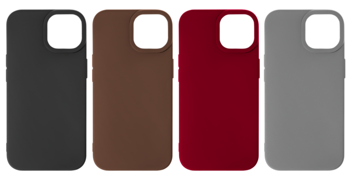 Set of phone cases of different colors on a blank background.