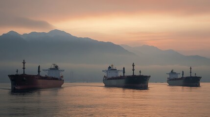 Fototapeta premium A serene harbor scene with cargo ships silhouetted against a misty mountain backdrop at sunrise.