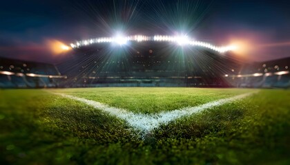 A brightly lit soccer stadium highlighting freshly manicured green grass under the floodlights at night, capturing the essence of a grand sports arena ready for action. 