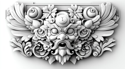 Intricate white plaster sculpture featuring ornate floral and mythical designs, ideal for architectural decoration.