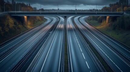 A serene highway scene under a bridge, showcasing smooth lanes with a moody sky.