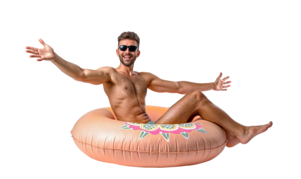 A happy man having fun in an inflatable ring on summer vacation