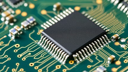 Precision in Miniature: A Close-Up Shot of a Chip on a Green Circuit Board with Intricate Detail