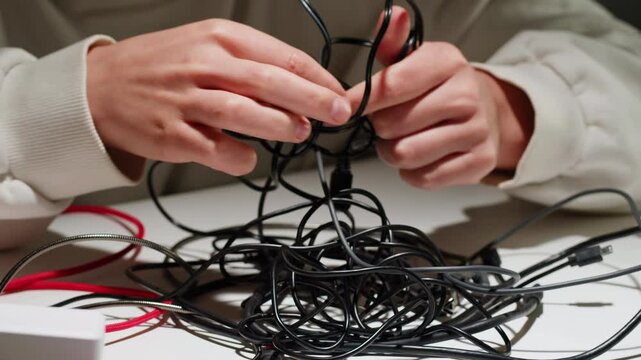 Young woman trying to untangle many various of wires close-up. Tangled wires and cables on table. Trying to untangle many messy and chaos cables