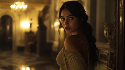 A Hispanic woman in her early twenties stands in a luxurious hall, illuminated by soft light, glancing back with curiosity while wearing an elegant dress