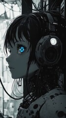 Obraz premium A futuristic, cybernetic character with glowing blue eyes and headphones, set against a dark, industrial background. The character has a sleek, robotic design, blending human and machine elements.