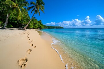 Footprints in the sand on a tropical beach with crystal clear water, palm trees and a blue sky.