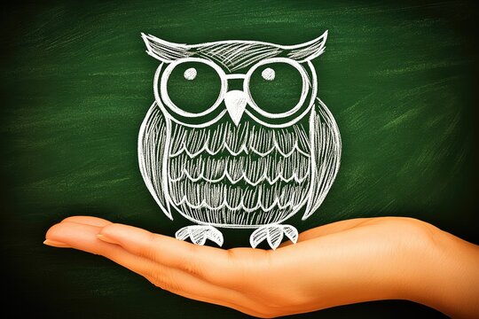 A whimsical chalk drawing of an owl perched on a hand against a green chalkboard background highlighting creativity and learning