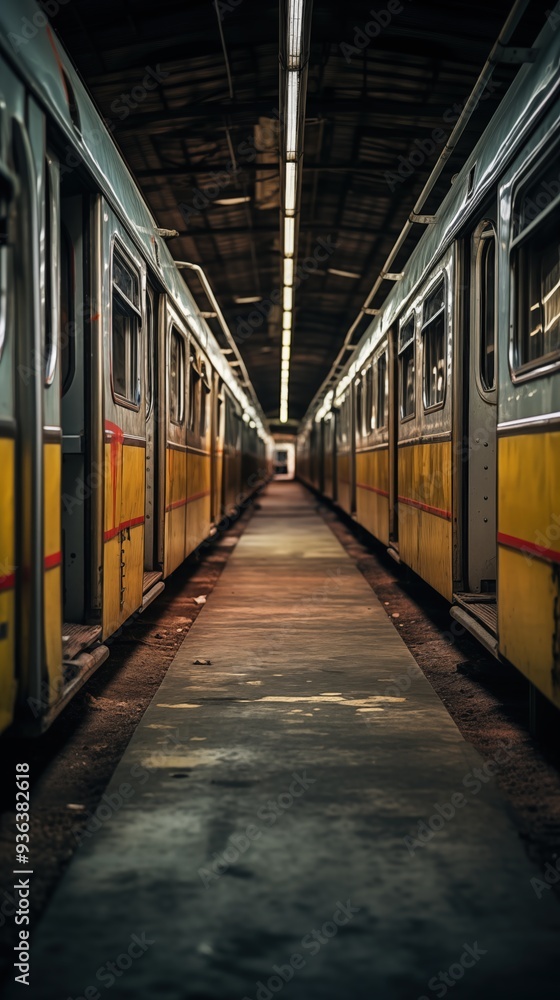 Poster a dimly lit subway station with two rows of parked trains. the trains have a yellow and gray color s