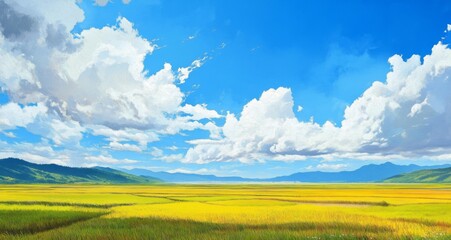Obraz premium Minimalist Style Painting of Vast Rice Fields on China's Plains with Clear Blue Sky and White Clouds