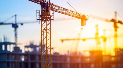 A construction site at sunset featuring cranes and building structures, highlighting industrial activity.