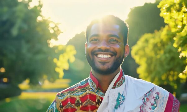 Joyful Gambian Man Strolling in a Vibrant Park