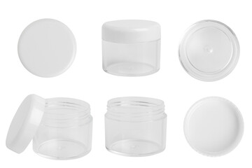 Set. Cosmetic round plastic transparent jar with lid on blank background.
