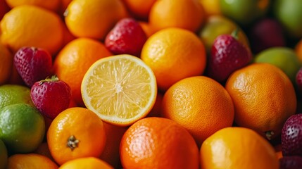 A vibrant assortment of fruits, including lemons, oranges, and strawberries, showcasing freshness and color.