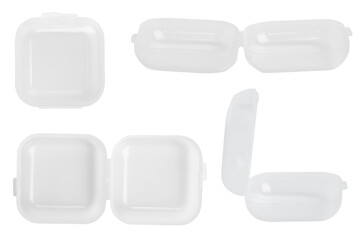 Set. Plastic box for earplugs or small parts on a blank background.