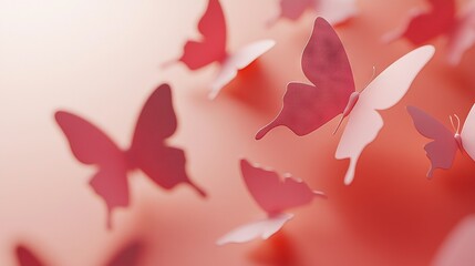 Obraz premium Red and white butterflies fly against pink sky, near red wall