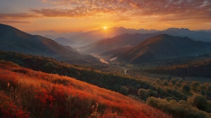 A painting of the early morning at dawn, the sun behind the mountains, the sun's light shines with red-orange colors creating an unforgettable landscape scene	