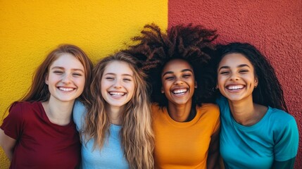 Fototapeta premium Four smiling young women posing together against a colorful wall, showcasing joy and friendship.